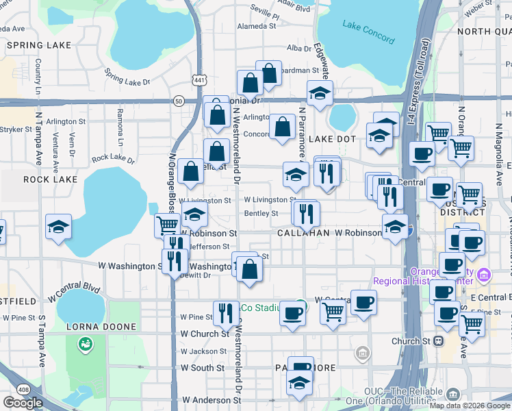 map of restaurants, bars, coffee shops, grocery stores, and more near 806 Bentley Street in Orlando