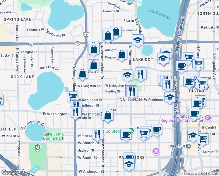 map of restaurants, bars, coffee shops, grocery stores, and more near 806 Bentley Street in Orlando