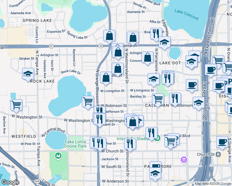 map of restaurants, bars, coffee shops, grocery stores, and more near 1032 Bentley Street in Orlando