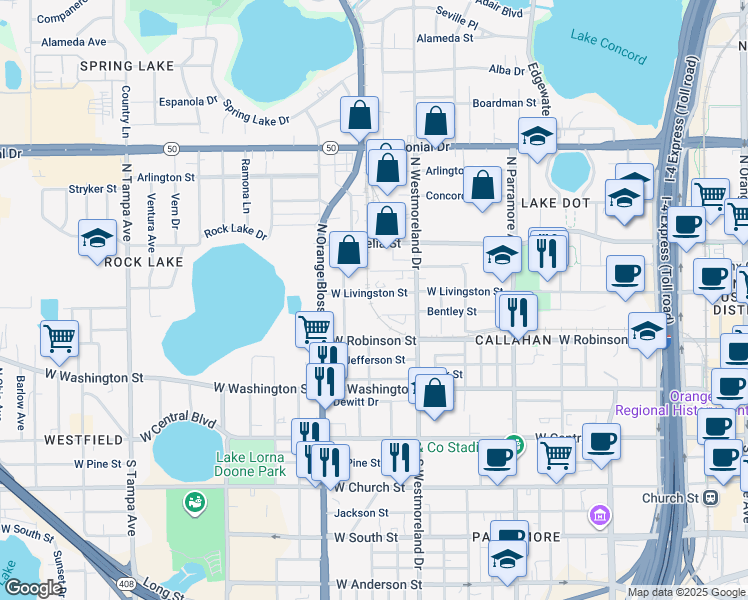 map of restaurants, bars, coffee shops, grocery stores, and more near 1032 Bentley Street in Orlando