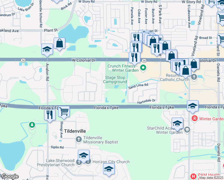 map of restaurants, bars, coffee shops, grocery stores, and more near 818 Swallow Tail Drive in Winter Garden