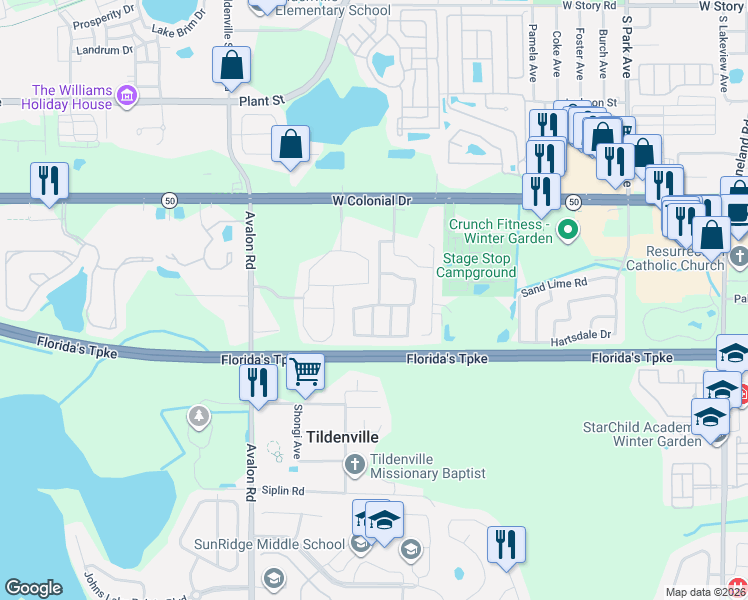 map of restaurants, bars, coffee shops, grocery stores, and more near 1018 Dolphin Drive in Winter Garden