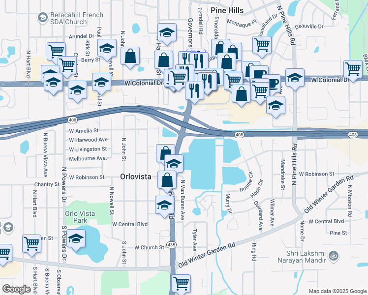 map of restaurants, bars, coffee shops, grocery stores, and more near 430 Florida 435 in Orlando