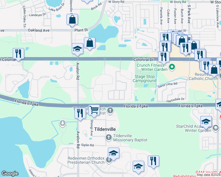 map of restaurants, bars, coffee shops, grocery stores, and more near 1050 Dolphin Drive in Winter Garden