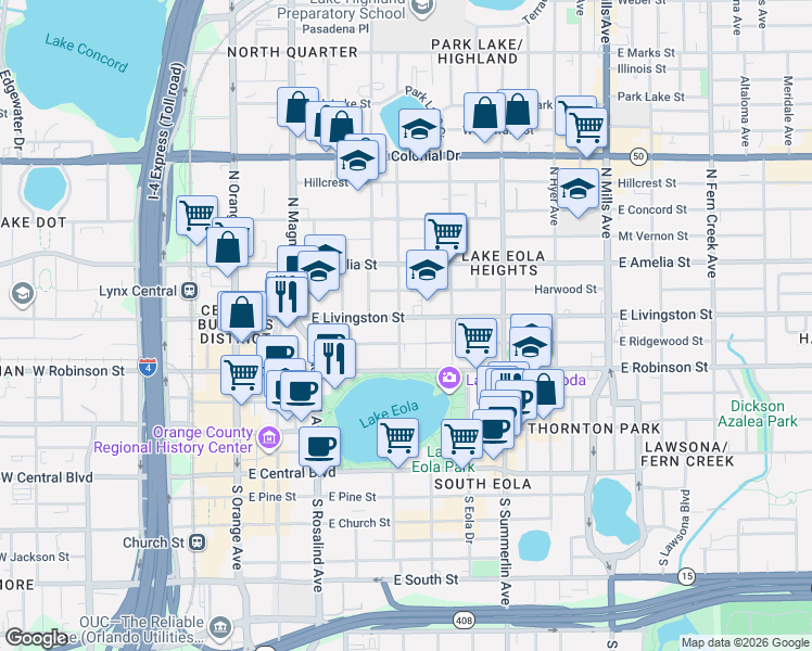 map of restaurants, bars, coffee shops, grocery stores, and more near 415 East Livingston Street in Orlando