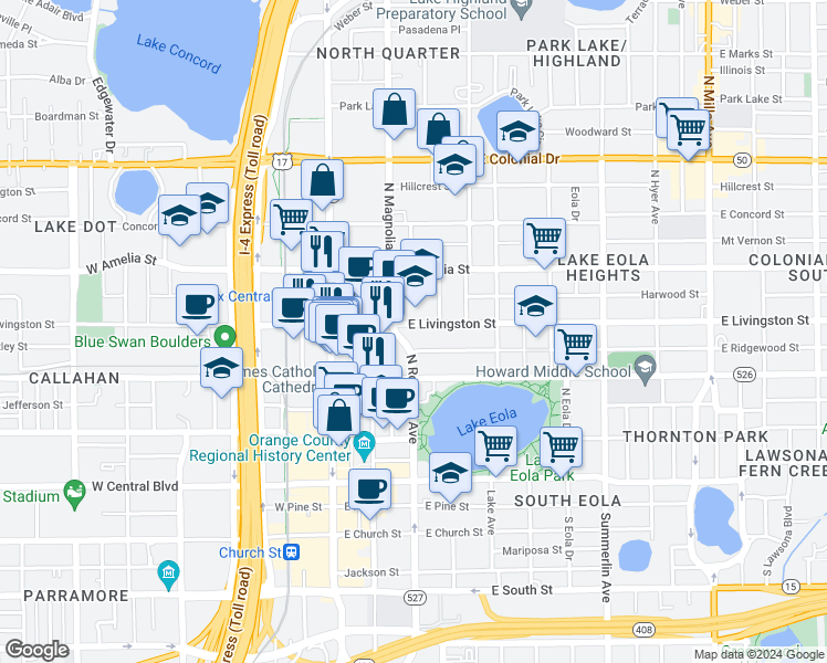 map of restaurants, bars, coffee shops, grocery stores, and more near 411 North Magnolia Avenue in Orlando