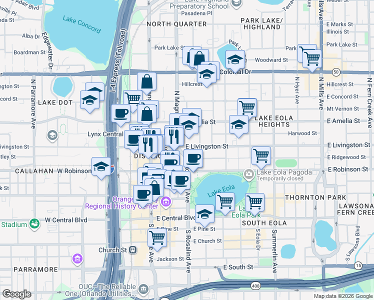 map of restaurants, bars, coffee shops, grocery stores, and more near 411 North Magnolia Avenue in Orlando