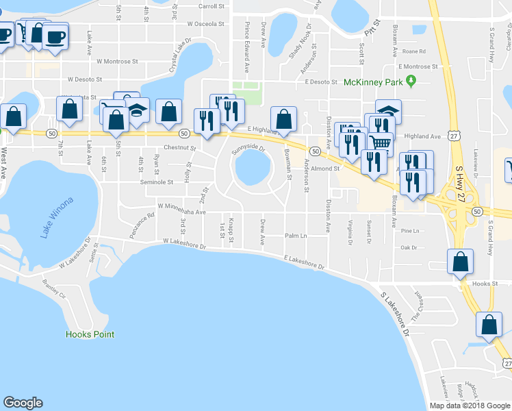map of restaurants, bars, coffee shops, grocery stores, and more near 154 East Minnehaha Avenue in Clermont