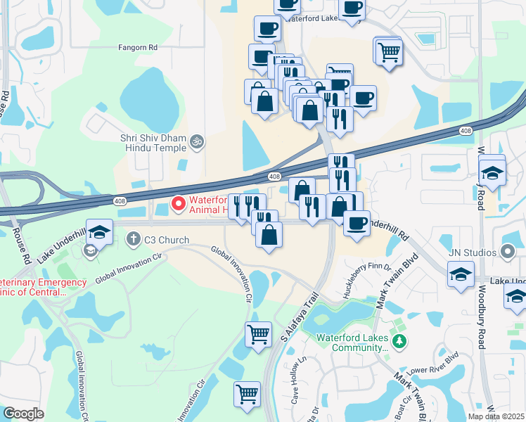 map of restaurants, bars, coffee shops, grocery stores, and more near 12101 Waterstone Court in Orlando