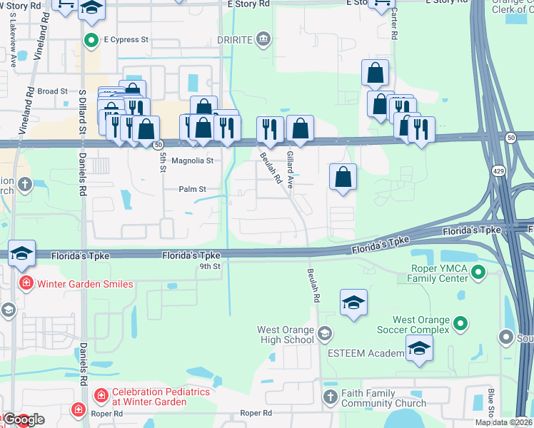 map of restaurants, bars, coffee shops, grocery stores, and more near 855 Copenhagen Way in Winter Garden