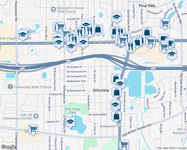 map of restaurants, bars, coffee shops, grocery stores, and more near 414 North John Street in Orlando