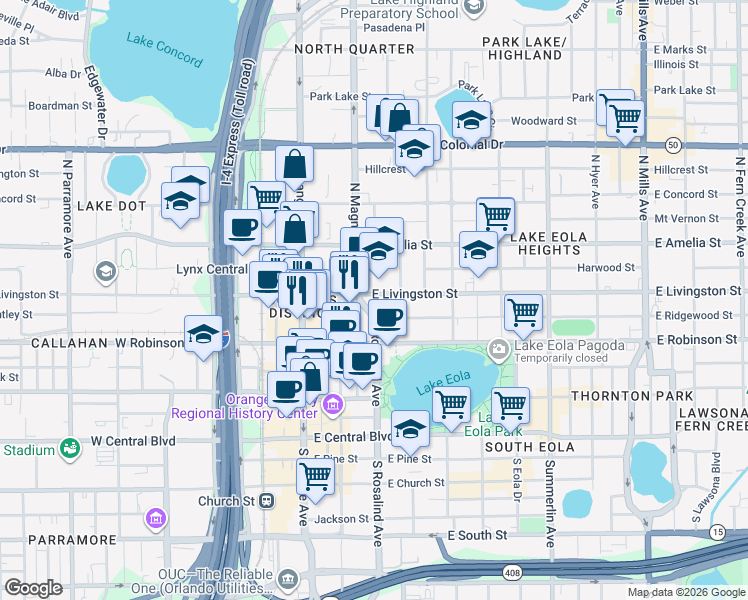 map of restaurants, bars, coffee shops, grocery stores, and more near 411 North Magnolia Avenue in Orlando