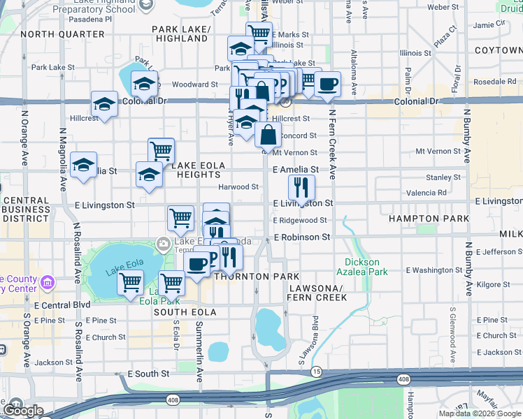 map of restaurants, bars, coffee shops, grocery stores, and more near 400 North Mills Avenue in Orlando