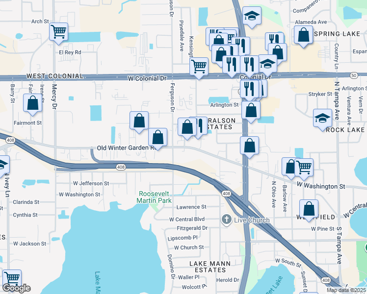 map of restaurants, bars, coffee shops, grocery stores, and more near 3333 Old Winter Garden Road in Orlando