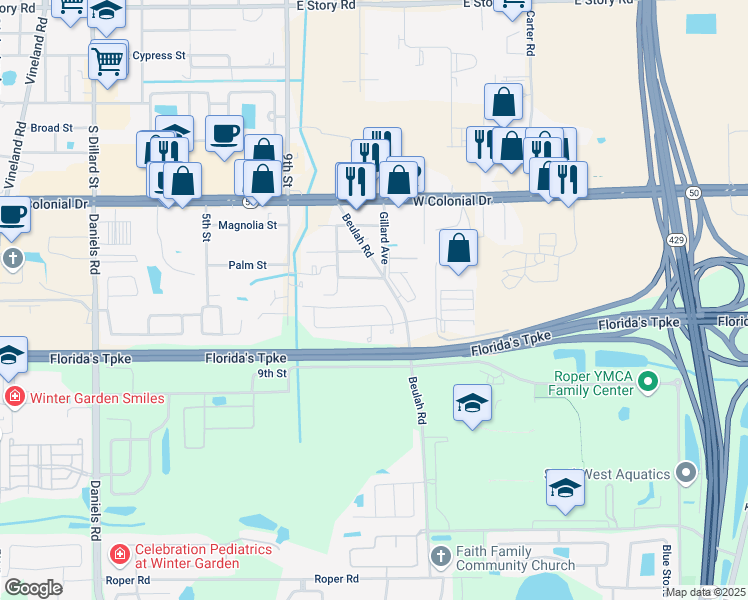 map of restaurants, bars, coffee shops, grocery stores, and more near 933 Copenhagen Way in Winter Garden