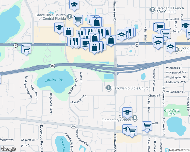 map of restaurants, bars, coffee shops, grocery stores, and more near 7119 West Livingston Street in Orlando