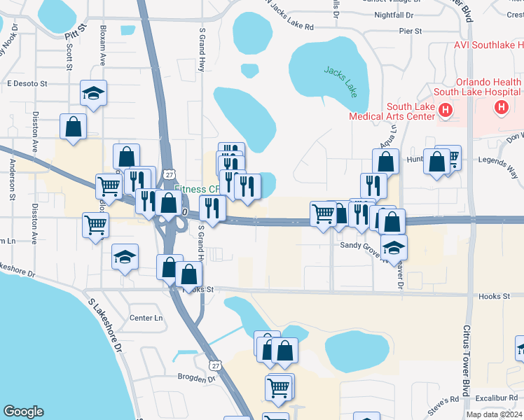 map of restaurants, bars, coffee shops, grocery stores, and more near 1101 Florida 50 in Clermont