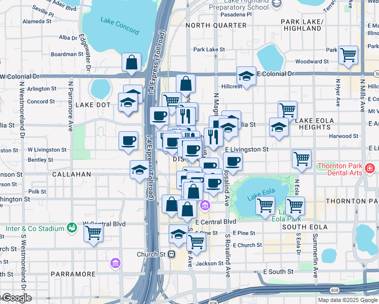 map of restaurants, bars, coffee shops, grocery stores, and more near 390 North Orange Avenue in Orlando