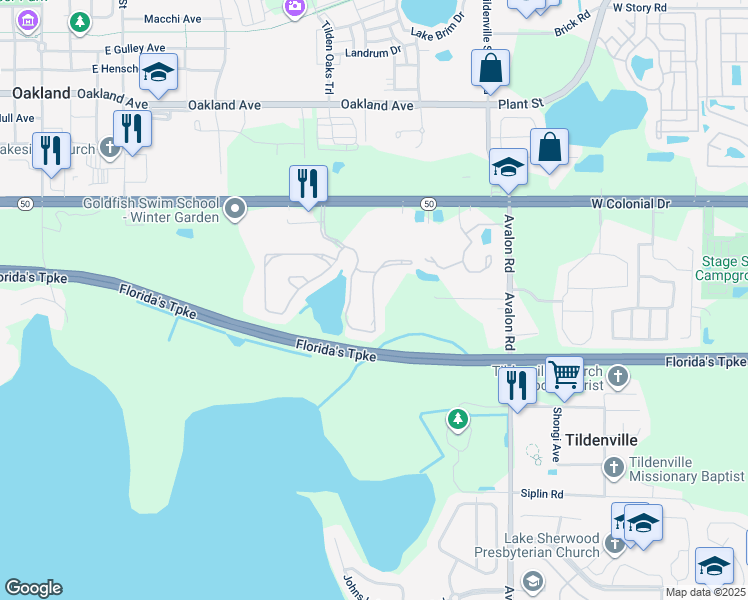 map of restaurants, bars, coffee shops, grocery stores, and more near 1520 Broken Oak Drive in Winter Garden