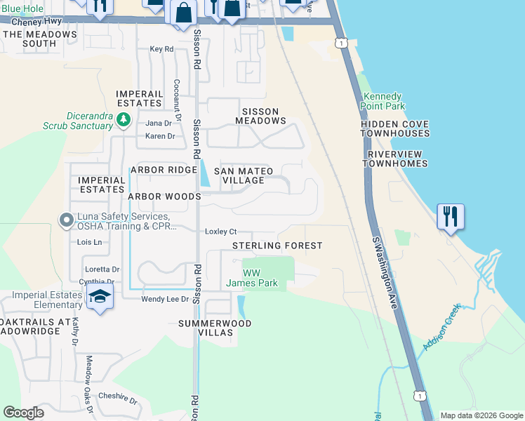 map of restaurants, bars, coffee shops, grocery stores, and more near 259 Forest Trace Circle in Titusville