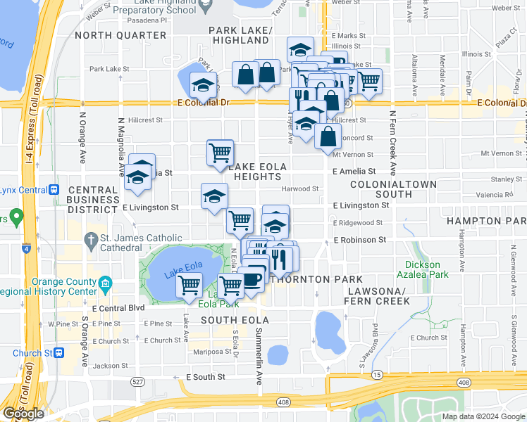 map of restaurants, bars, coffee shops, grocery stores, and more near 706 East Livingston Street in Orlando