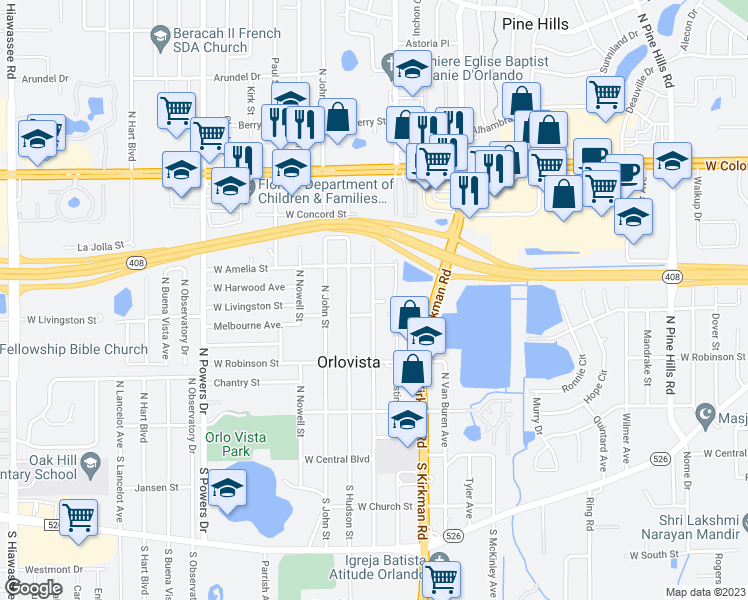 map of restaurants, bars, coffee shops, grocery stores, and more near 419 North Normandale Avenue in Orlando