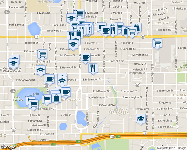 map of restaurants, bars, coffee shops, grocery stores, and more near 1415 East Livingston Street in Orlando