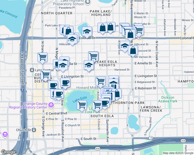 map of restaurants, bars, coffee shops, grocery stores, and more near 603 East Livingston Street in Orlando