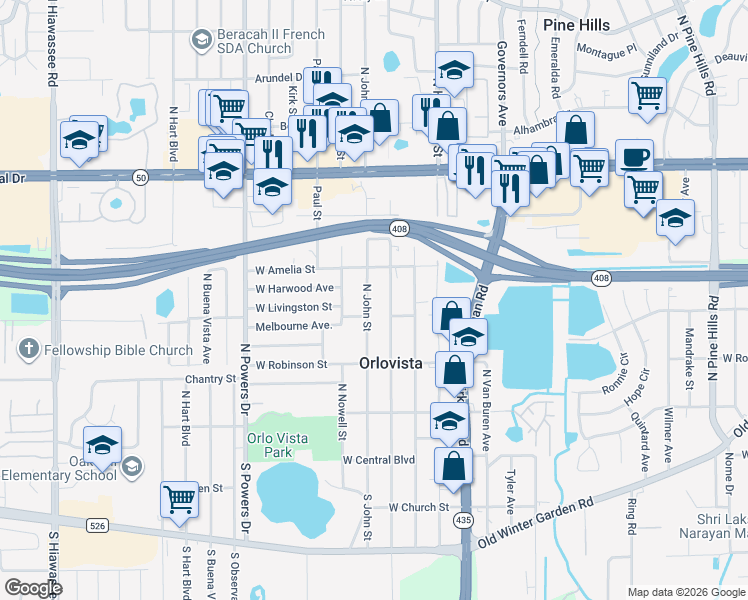 map of restaurants, bars, coffee shops, grocery stores, and more near 435 North John Street in Orlando