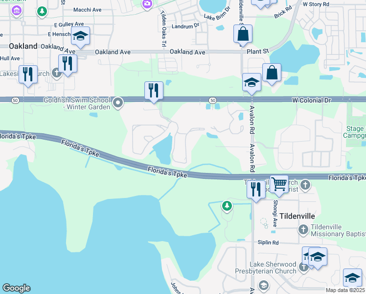 map of restaurants, bars, coffee shops, grocery stores, and more near 1556 Broken Oak Drive in Winter Garden