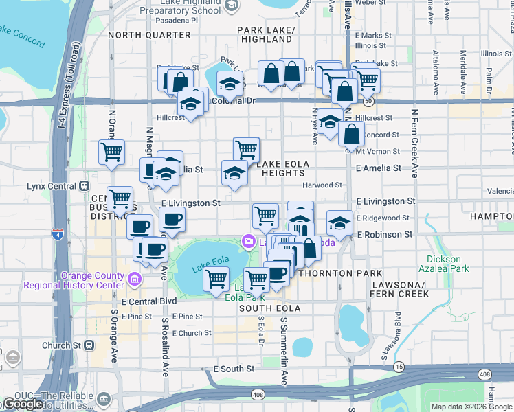 map of restaurants, bars, coffee shops, grocery stores, and more near 603 East Livingston Street in Orlando