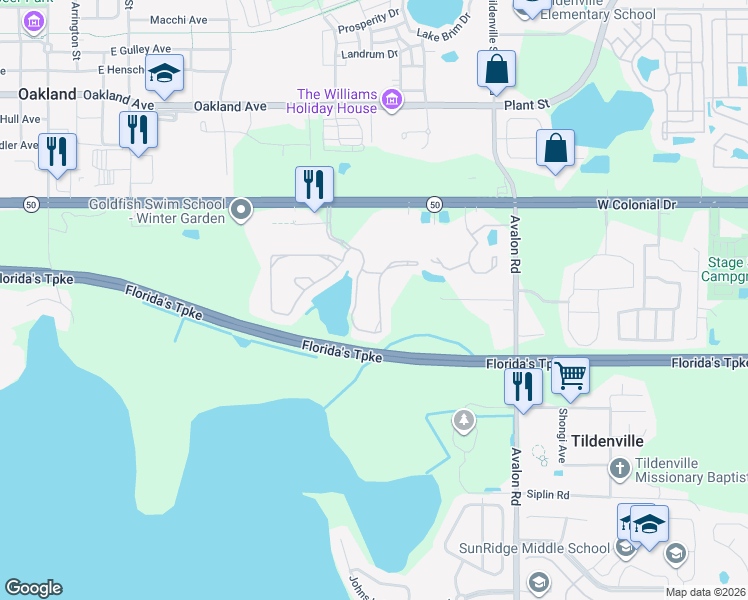 map of restaurants, bars, coffee shops, grocery stores, and more near 1556 Broken Oak Drive in Winter Garden