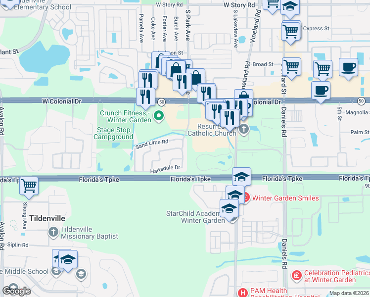 map of restaurants, bars, coffee shops, grocery stores, and more near 422 Sand Lime Road in Winter Garden