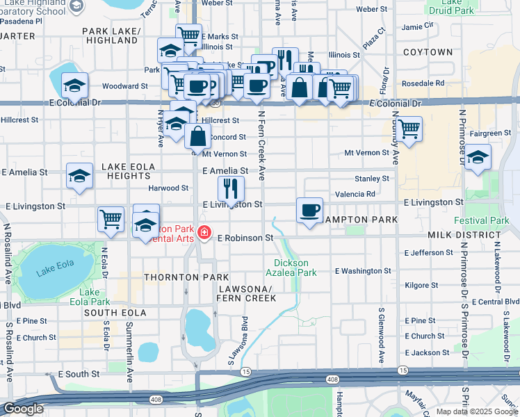 map of restaurants, bars, coffee shops, grocery stores, and more near 405 North Fern Creek Avenue in Orlando