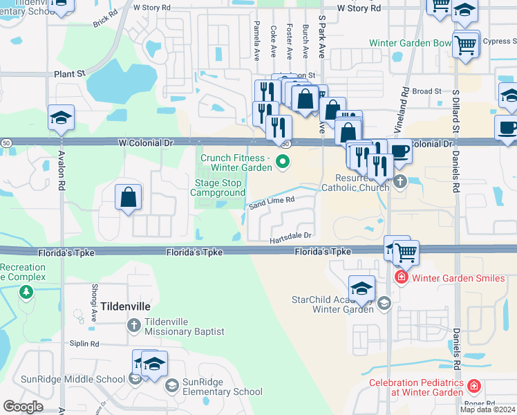 map of restaurants, bars, coffee shops, grocery stores, and more near 514 Sand Lime Road in Winter Garden