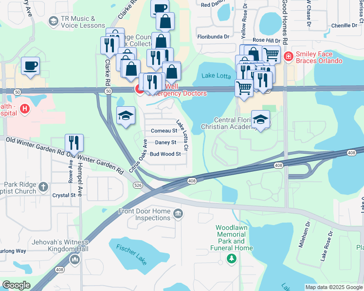 map of restaurants, bars, coffee shops, grocery stores, and more near 9317 Daney Street in Gotha