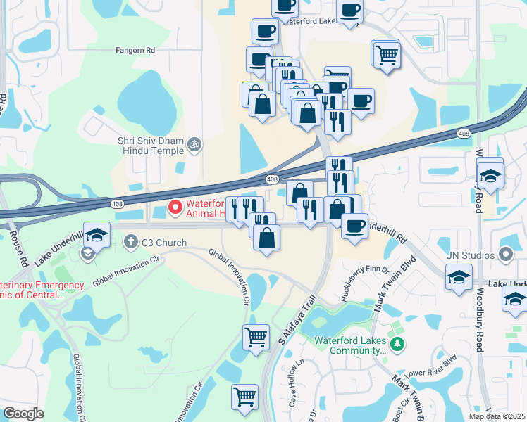 map of restaurants, bars, coffee shops, grocery stores, and more near 12125 Fountainbrook Boulevard in Orlando