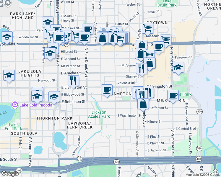 map of restaurants, bars, coffee shops, grocery stores, and more near 1910 East Livingston Street in Orlando