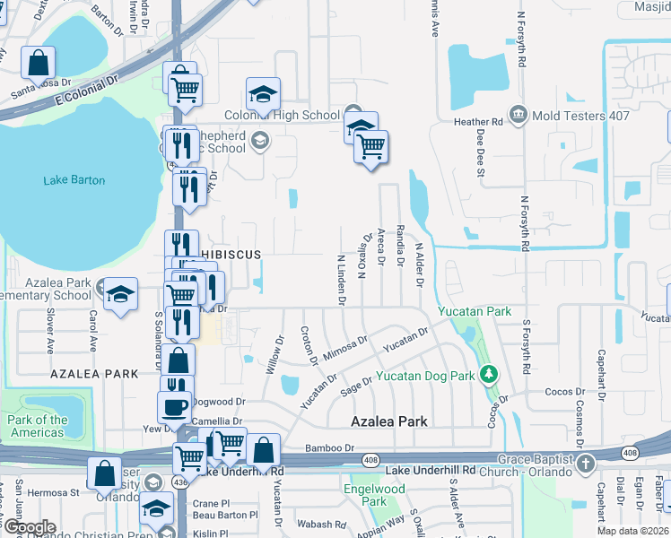 map of restaurants, bars, coffee shops, grocery stores, and more near 56 North Linden Drive in Orlando