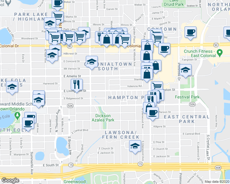 map of restaurants, bars, coffee shops, grocery stores, and more near 1909 East Livingston Street in Orlando