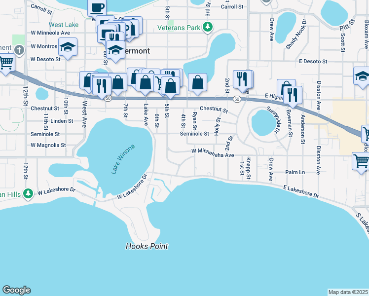 map of restaurants, bars, coffee shops, grocery stores, and more near 1450 4th Street in Clermont