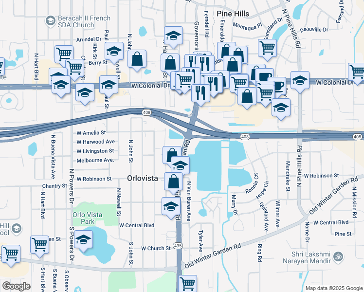 map of restaurants, bars, coffee shops, grocery stores, and more near 430 Florida 435 in Orlando