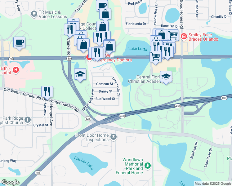 map of restaurants, bars, coffee shops, grocery stores, and more near 9304 Daney Street in Gotha