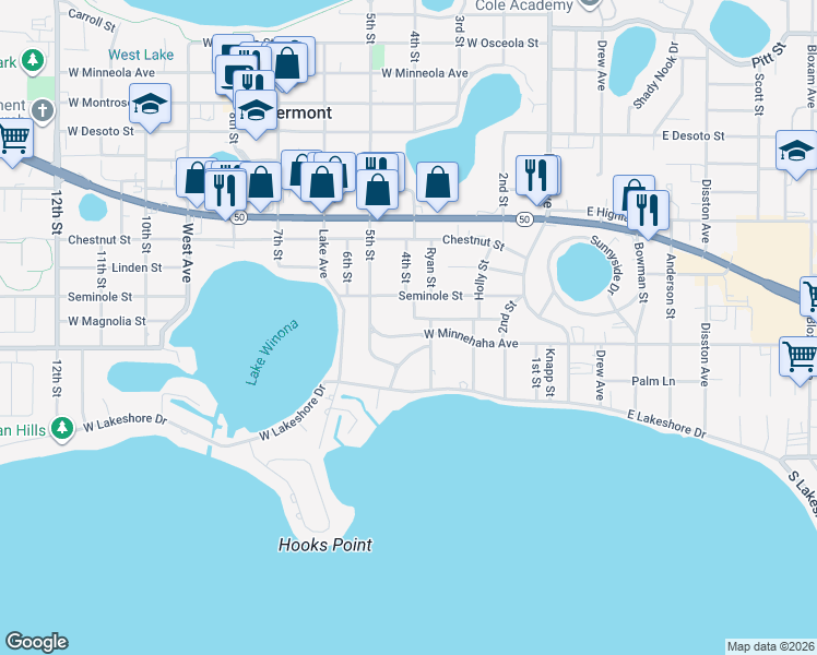 map of restaurants, bars, coffee shops, grocery stores, and more near 430 West Minnehaha Avenue in Clermont