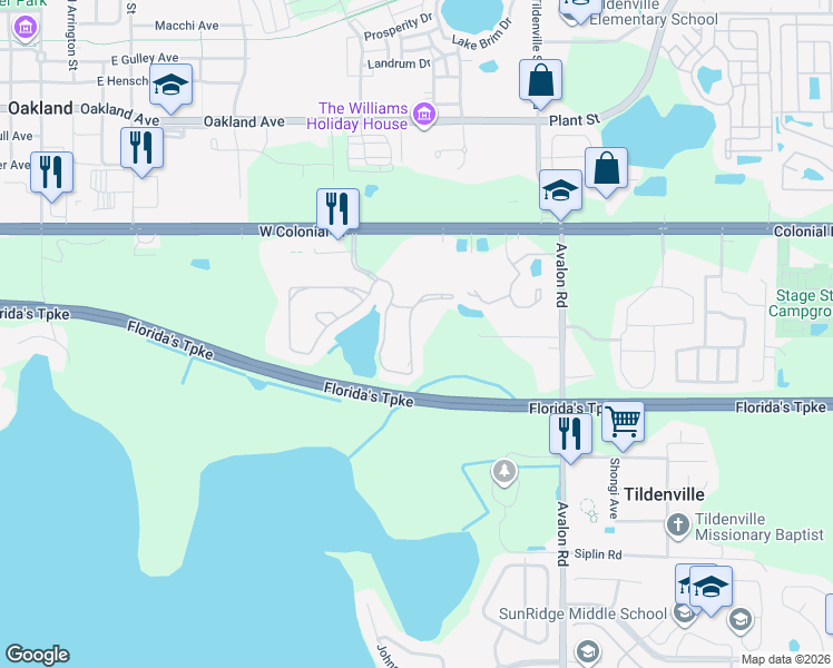 map of restaurants, bars, coffee shops, grocery stores, and more near 1556 Broken Oak Drive in Winter Garden