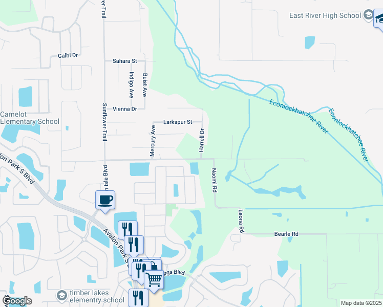 map of restaurants, bars, coffee shops, grocery stores, and more near 15800 Sunflower Trail in Orlando