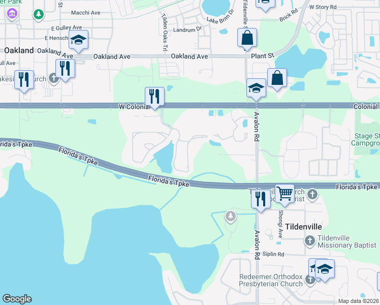 map of restaurants, bars, coffee shops, grocery stores, and more near 1532 Broken Oak Drive in Winter Garden