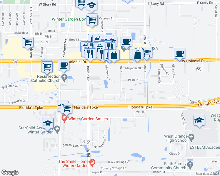 map of restaurants, bars, coffee shops, grocery stores, and more near 86 Windtree Lane in Winter Garden