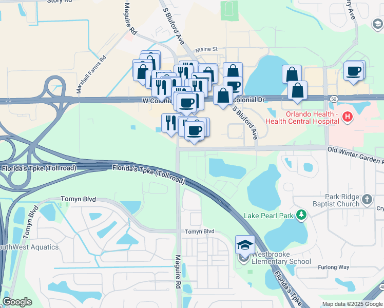 map of restaurants, bars, coffee shops, grocery stores, and more near 2735 Southside Drive in Ocoee