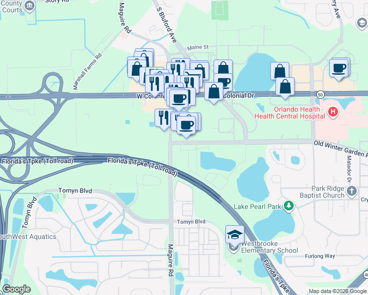 map of restaurants, bars, coffee shops, grocery stores, and more near 2735 Southside Drive in Ocoee